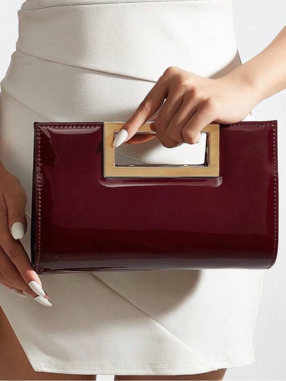 Women's Burgundy Patent Clutch with Gold Handle